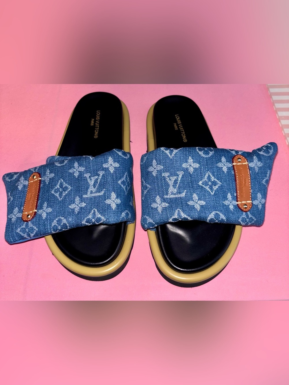 Louis Vuitton Blue Denim Monogram Slide Sandals with Black Footbed